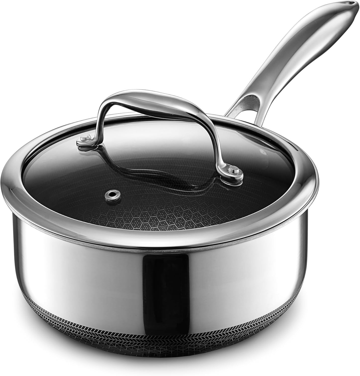 Hexclad 1QT Stainless Steel Hybrid Saucepan with Tempered Glass Lid $119 MSRP!